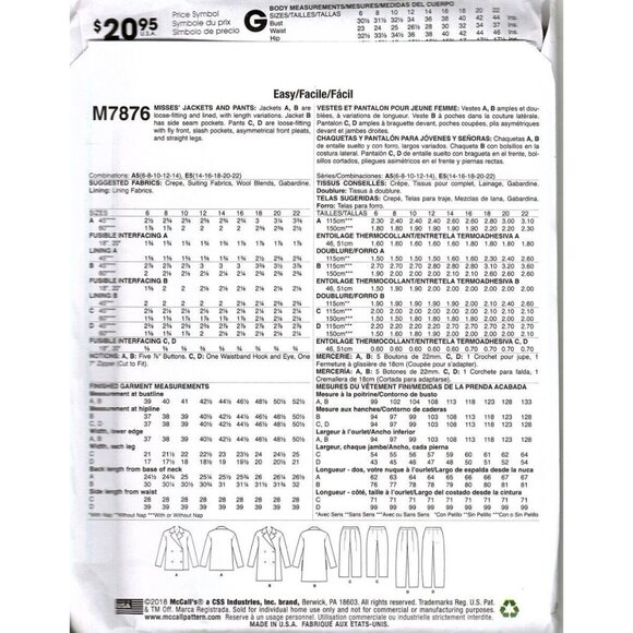McCall's M7876 Misses 6 to 14 Pants and Jacket Uncut Sewing Pattern New - Picture 2 of 2